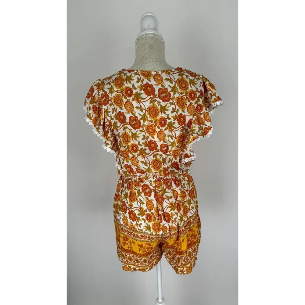 Entro Womens Orange Gold Floral Playsuit Romper Elastic Waist Size Small NWT